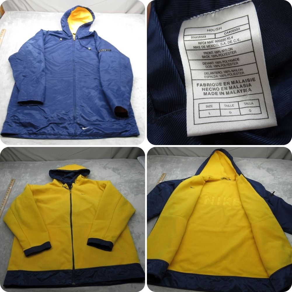 Nike Jacket Mens Large‎ Blue Yellow Reversible Pockets Hooded Full Zip VTG 90'S